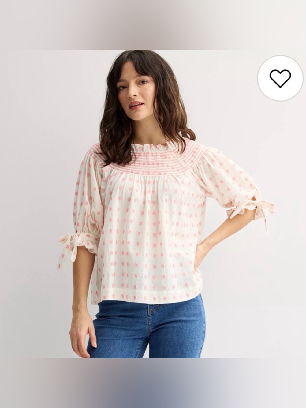 Farmers Market Cream Smocked Neck Peasant Top With Pink Accents